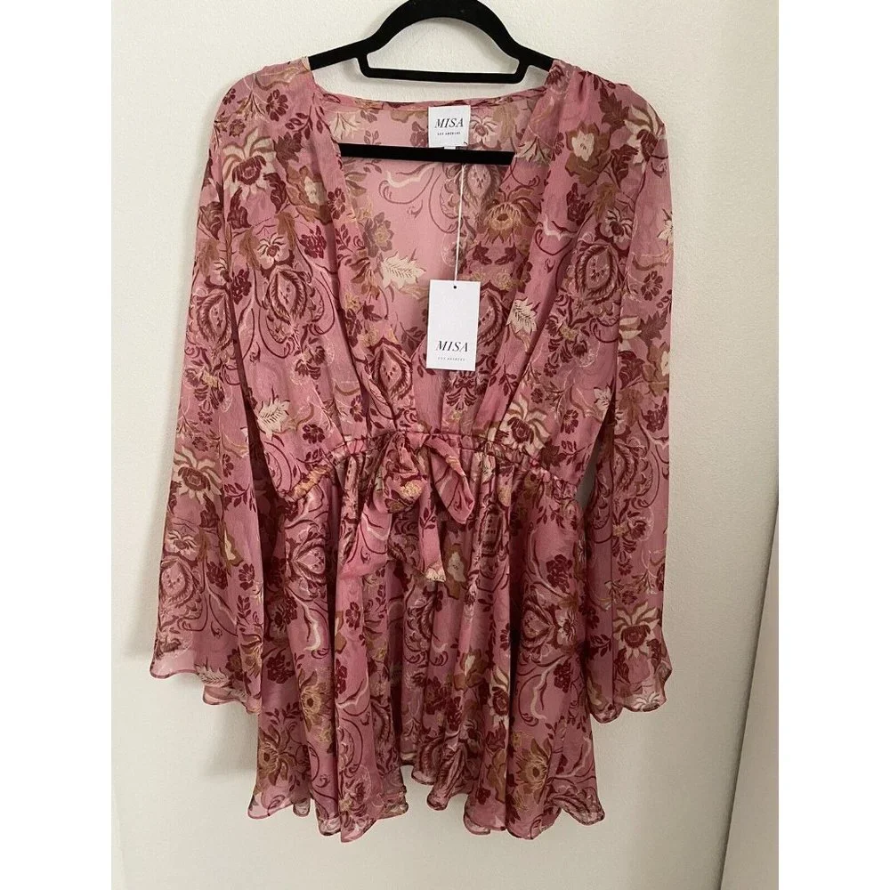 MISA Los Angeles Floral  Cristobol Mirror Pink Ruffle Mini Boho NWT $395 SM - Picture 7 of 8